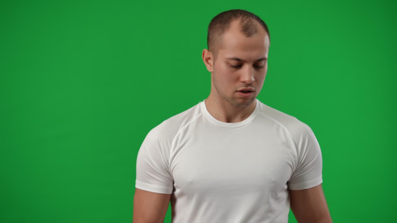 젊은 백인 스포츠맨이 손가락으로 축구공을 회전시키는 중간  초상화, 슬로우 모션에서 미소 짓고, 긍정적이고 자신감있는 축구 선수가 크로마키 그린 스크린에서 훈련을 즐기고 있습니다.