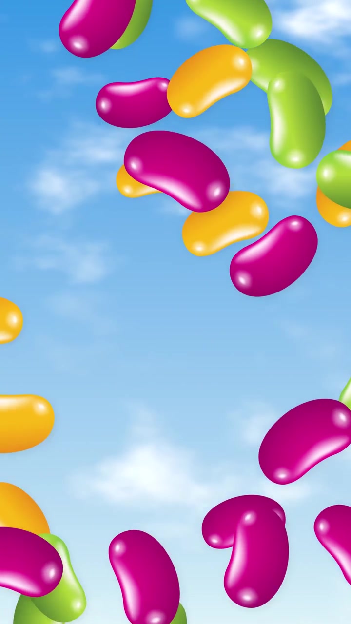 Caramelle gommose vivaci piovono contro un cielo blu soleggiato con soffici nuvole bianche