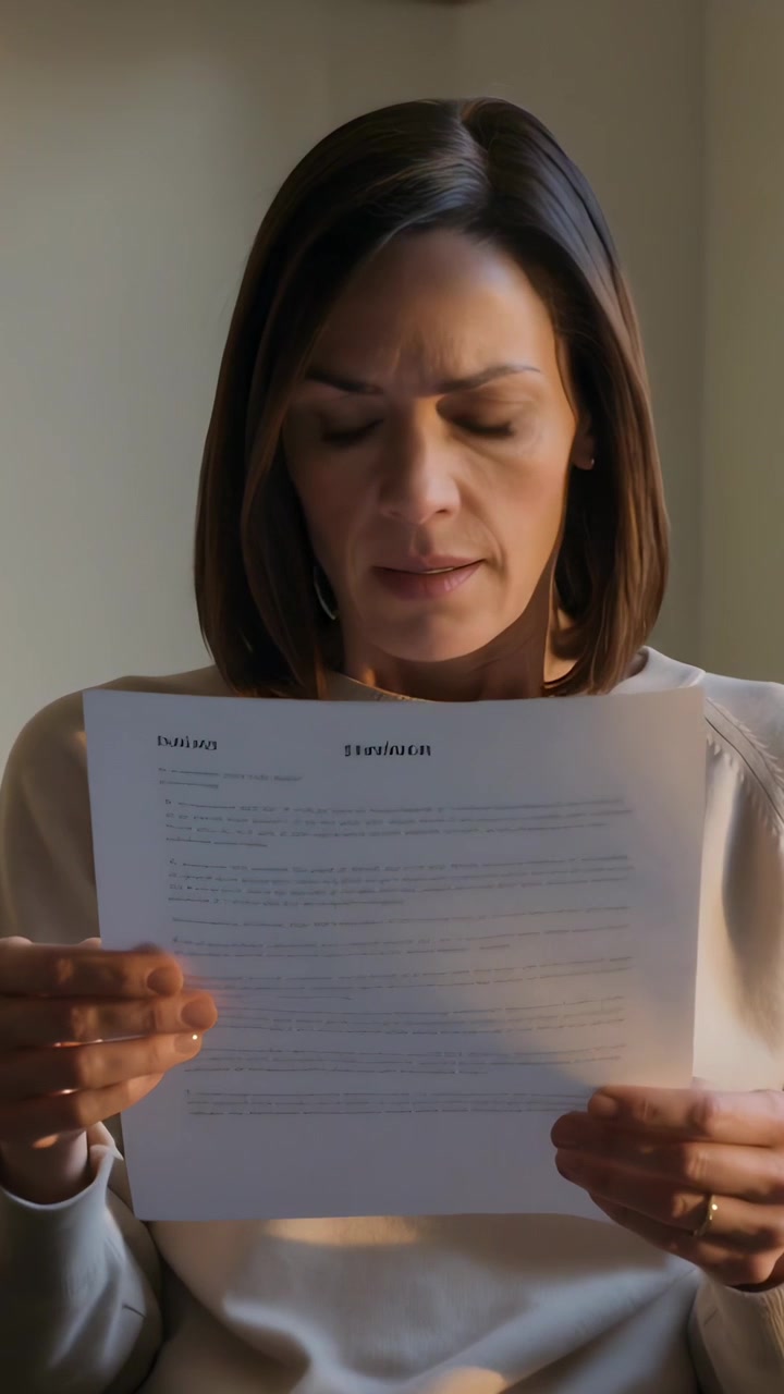 Video vertical: Levantando una página impresa, mujer con top color crema revisando una carta junto a una pared lisa, anillo en la mano izquierda.