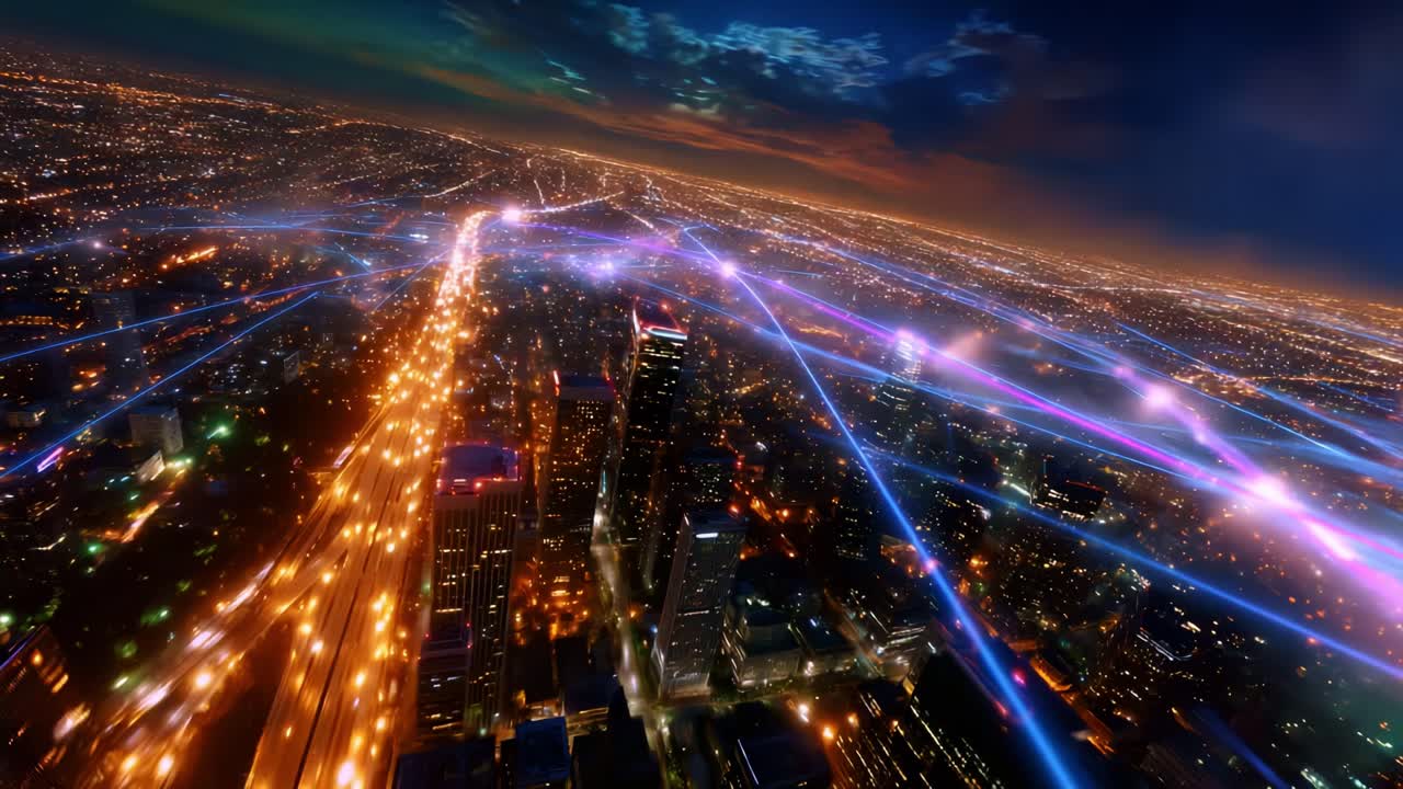An Aerial View of a Vibrant Night Cityscape Illuminated with Dynamic Light Trails, Showcasing the Thriving Urban Landscape Under a Dramatic Skyline Filled with Colorful Lights and Beautiful Clouds