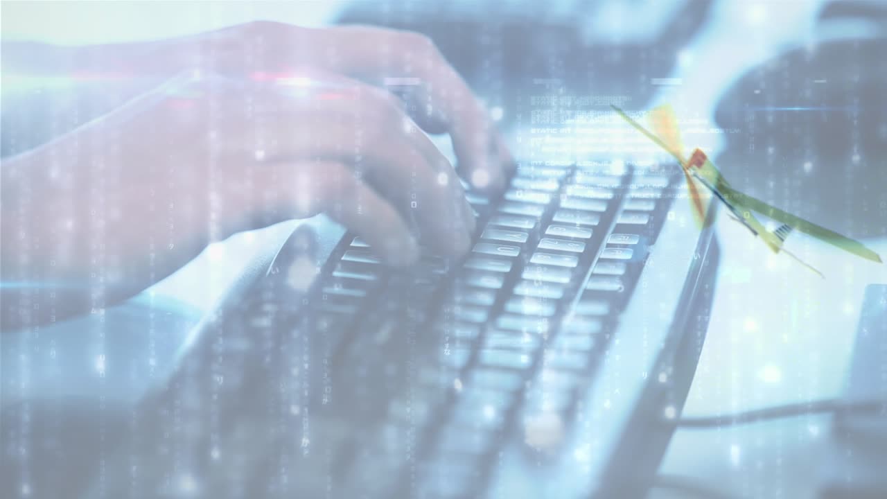Animation of data processing over hands of man typing on keyboard