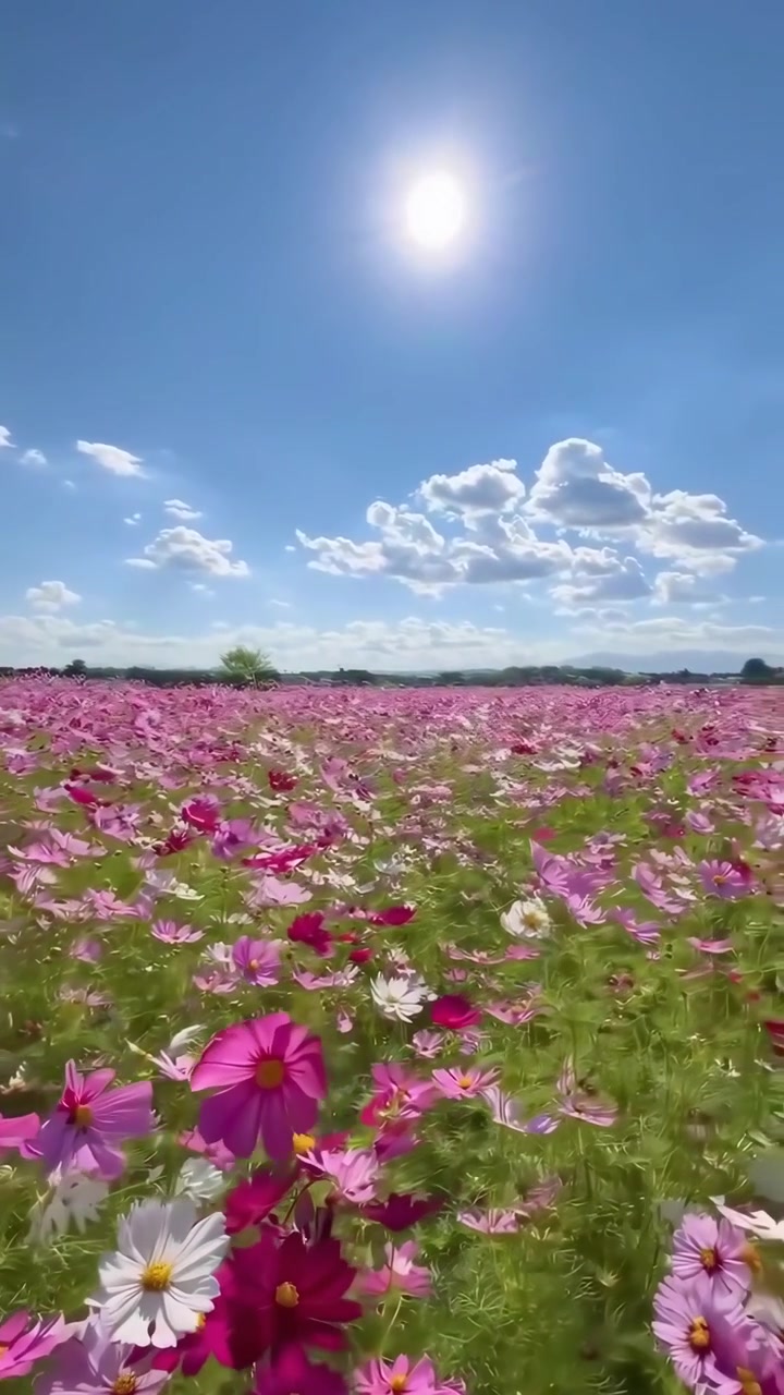 Flores de Cosmos Rosa e Branco Balançando em um Campo Ensolarado