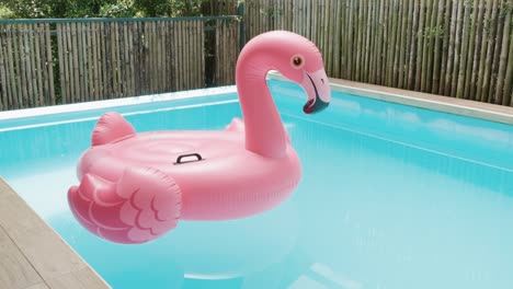 anillo inflable rosa flamenco plástico en la piscina agua azul