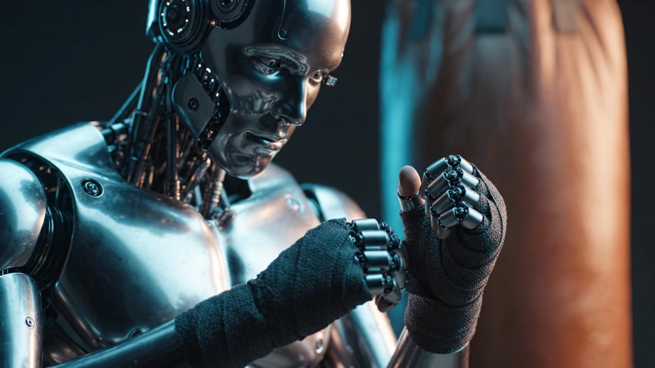 A highly advanced humanoid robot prepares for an intense boxing workout, showcasing its intricate design and focus on refining combat skills in a captivating scene.