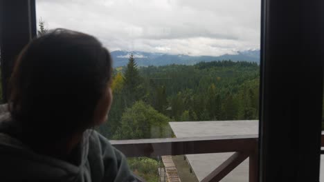 person looking at mountain view from a window
