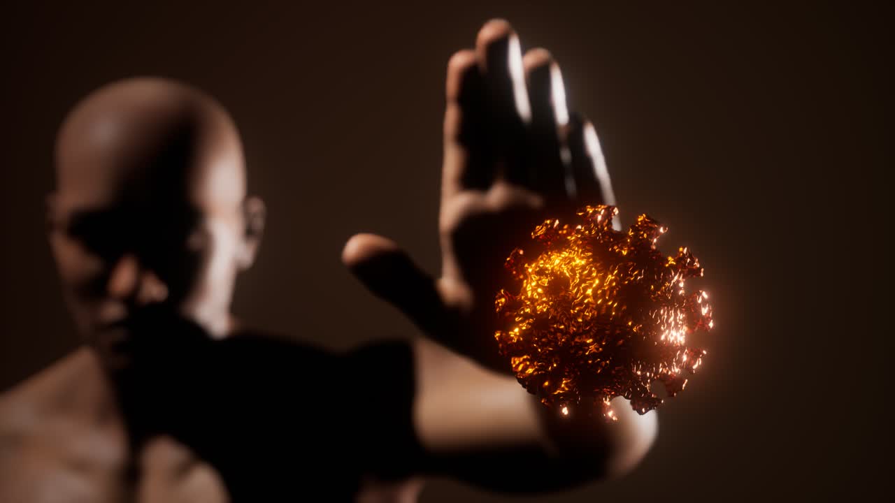 겁에 질린 남자가 코로나바이러스 코로나19 감염을 두려워해서 손짓을 멈 ⁇ 습니다.