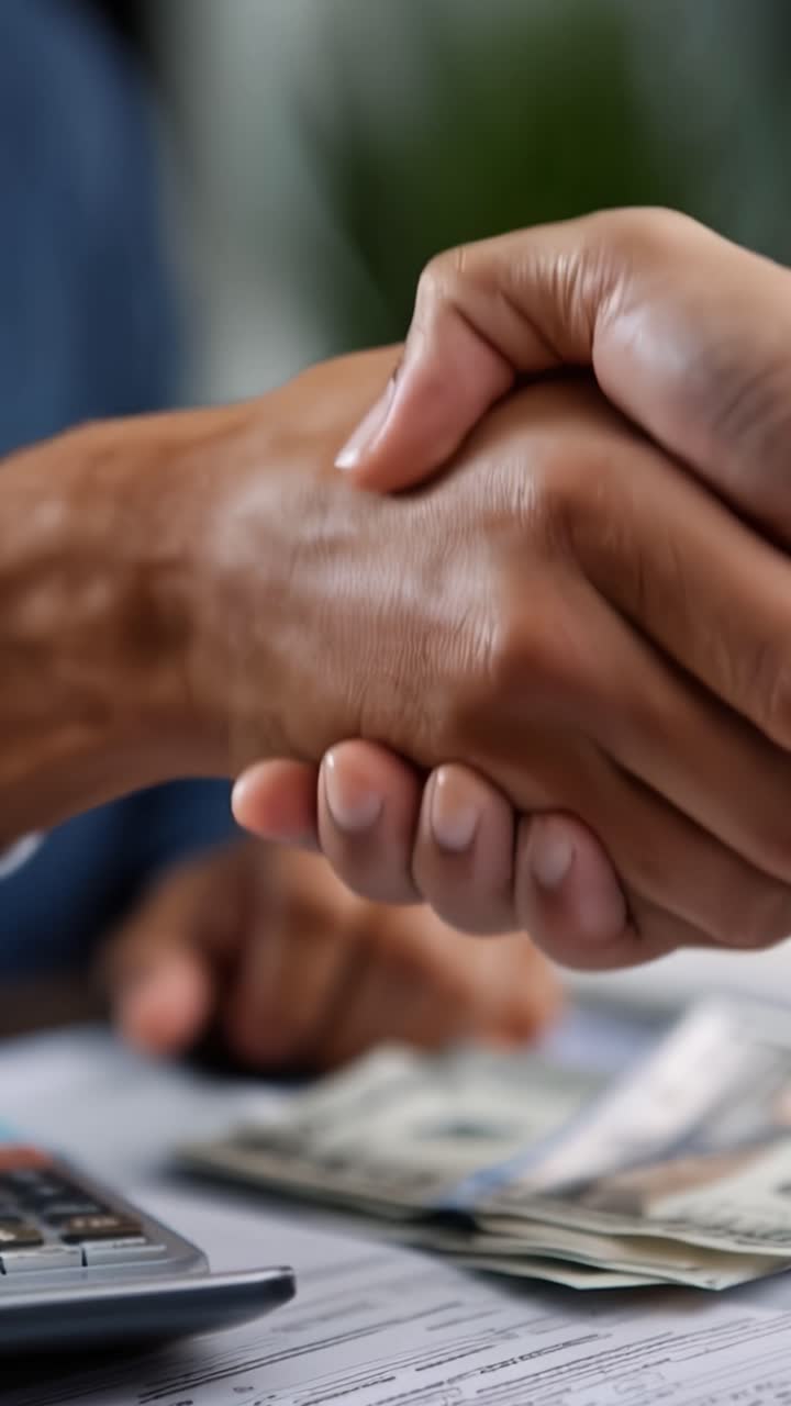 Un primer plano de dos manos estrechándose, simbolizando acuerdo y asociación en un entorno de negocios, con documentos financieros y dinero en efectivo al fondo.