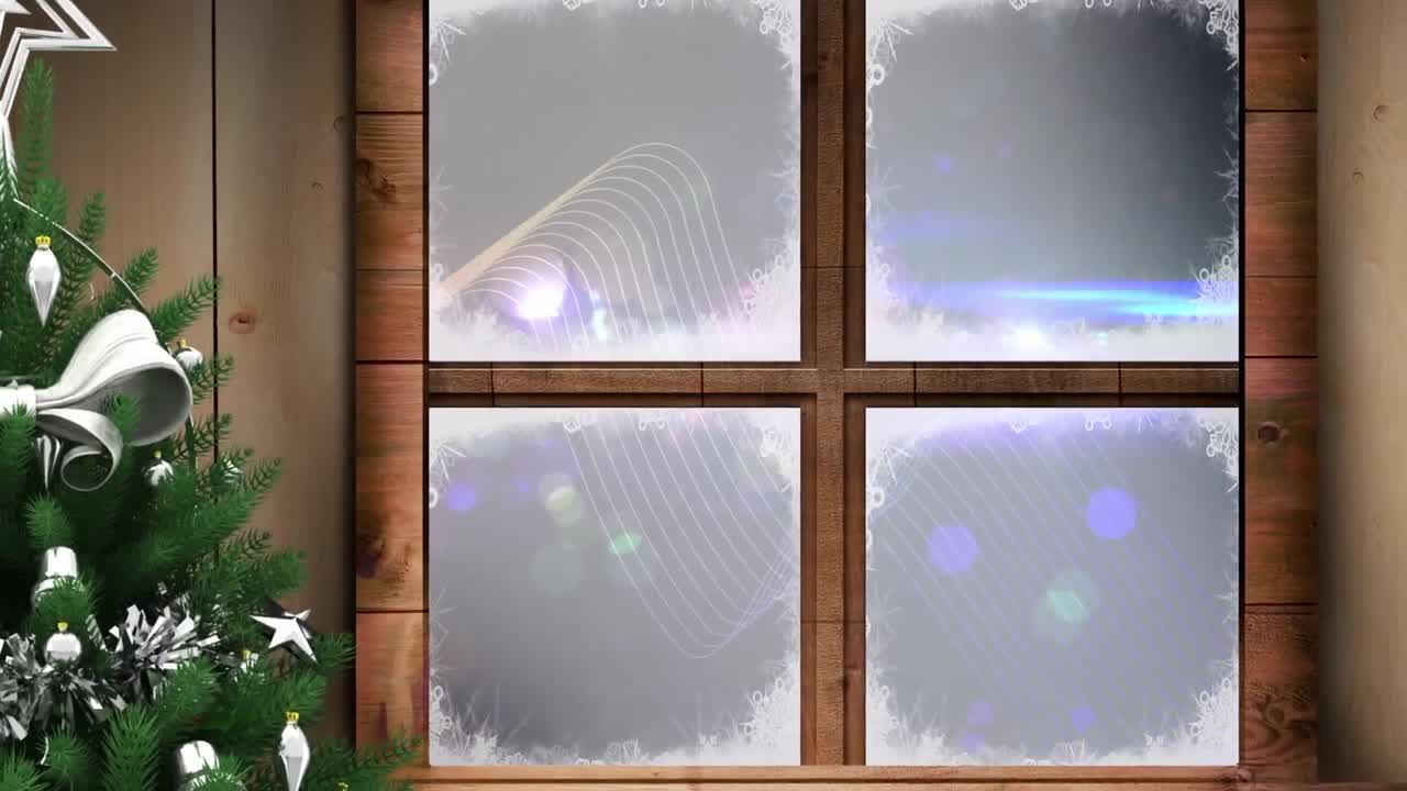 크리스마스 트리와 나무 창문 프레임 디지털 파동과 파란색 배경에 빛의 반점