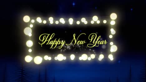 Animation-of-happy-new-year-text-in-fairy-lights-frame-over-fir-trees-and-winter-scenery