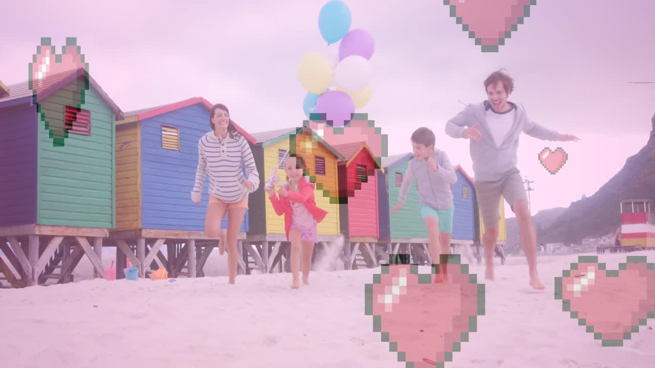 해변에서 달리는 행복한 백인 가족 위에 심장 아이콘의 애니메이션