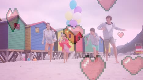 animación de iconos de corazón sobre una feliz familia caucásica corriendo en la playa