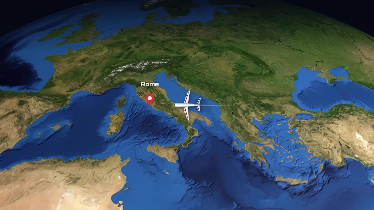 Uydu görüntüsü animasyonu, Singapur'dan kıtalar arası Roma'ya uçan ticari bir uçağı takip ediyor.