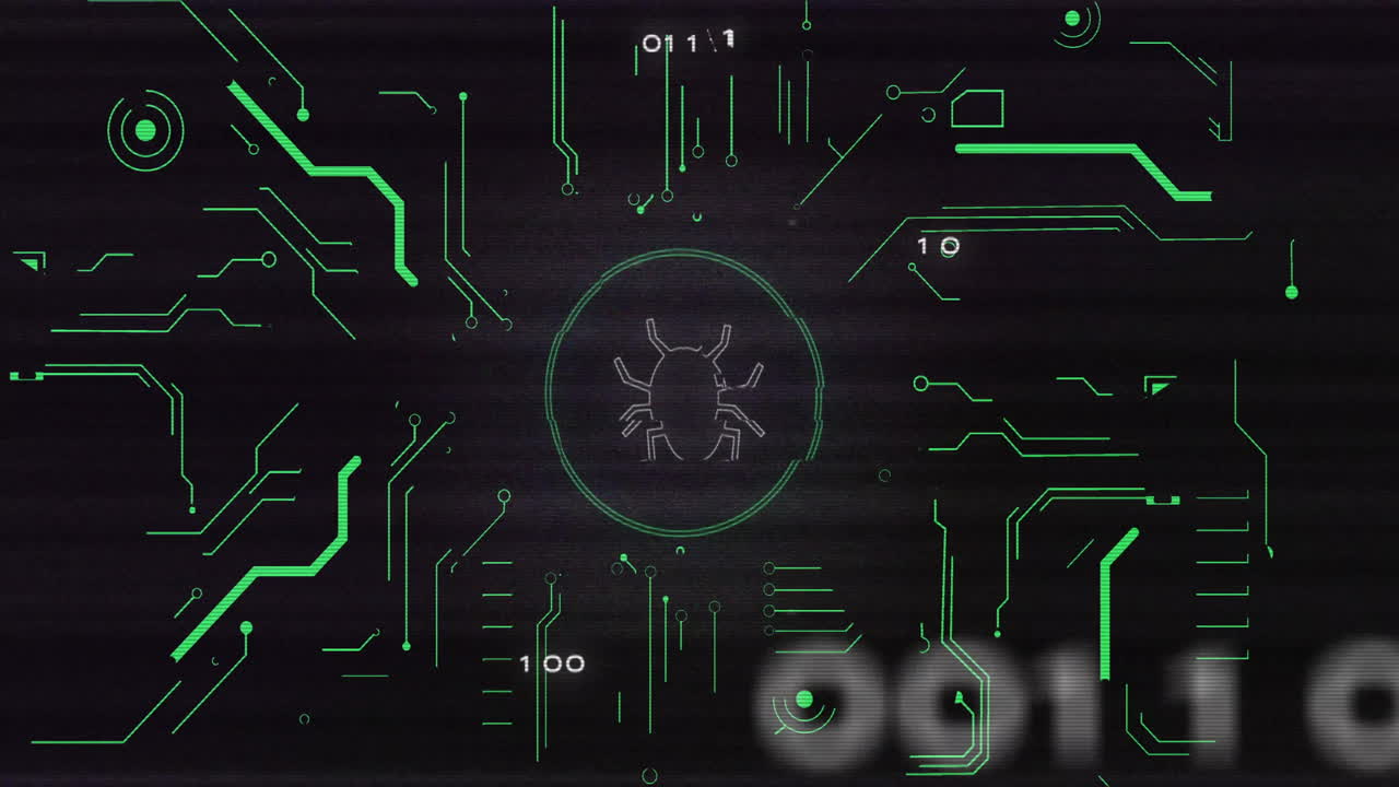 Animating bug icon and binary code over dark background