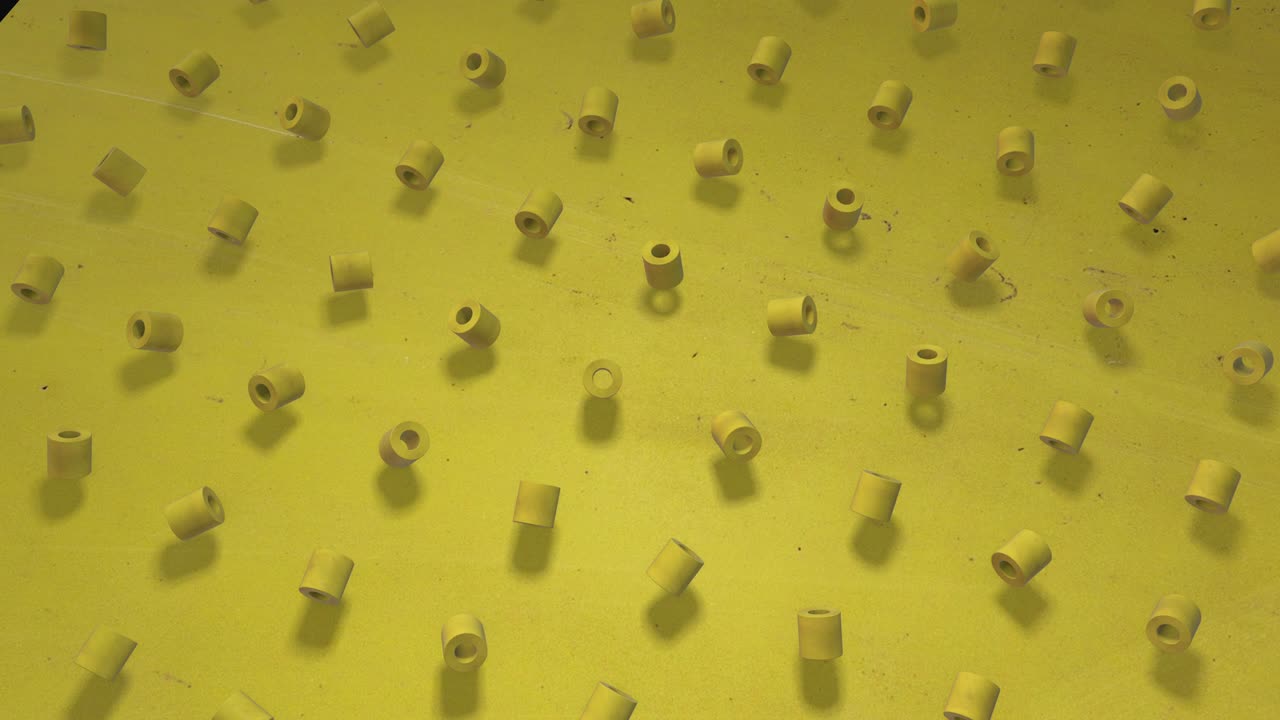 animado amarillo alegre. animación 3d de un fondo de contorno sin costuras de cubos amarillos brillantes soleados, bagels, cilindros, giratorios. genial para presentaciones. ponga su propio texto en él