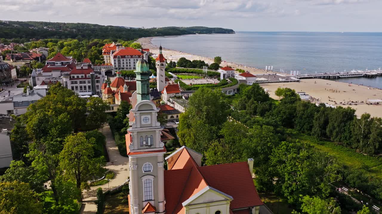 Sopot drone orbit around Salvator's Church with beach and sea in background
