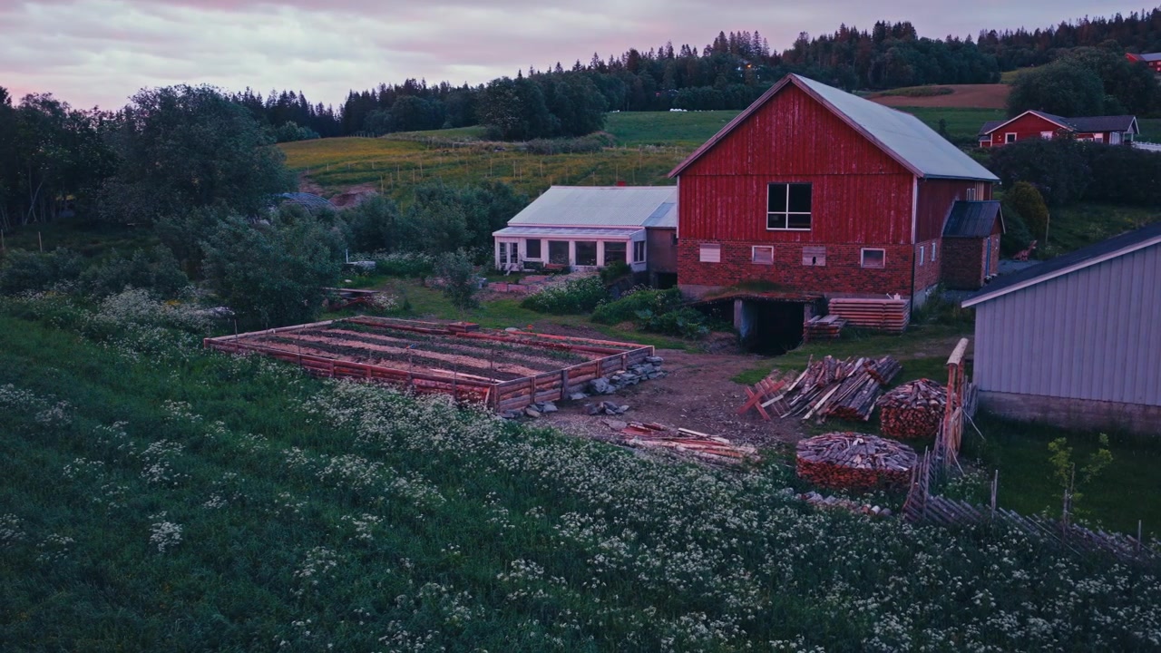 En rød lade omgivet af landbrugsjord i Indre Fosen, Trøndelag, Norge, der viser landbrugslandskabet og landskabet - Droneoptagelse