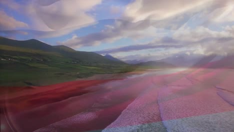 animation of flag of russia blowing over beach landscape