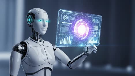 a futuristic robot with advanced technology interacts with a holographic display, showcasing data analytics and digital interfaces in a sleek environment