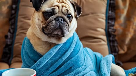 a pug dog wrapped in a blue towel sitting on a couch with a cup of coffee and popcorn