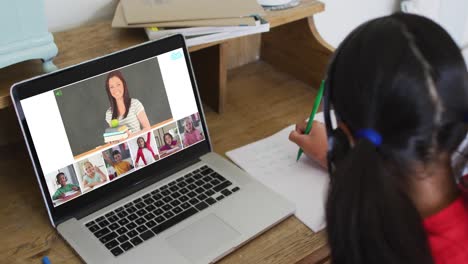 Schoolgirl-using-laptop-for-online-lesson-at-home,-with-diverse-teacher-and-class-on-screen