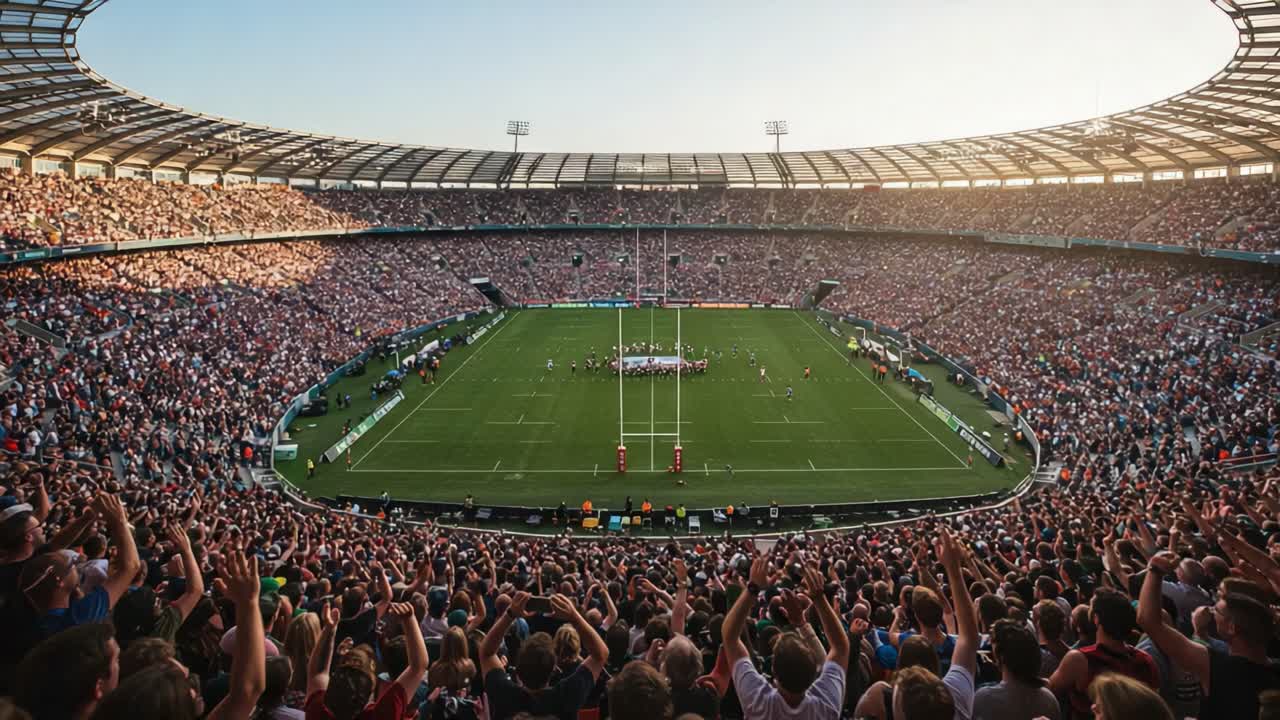 Spectacular Rugby Match at Sunset: A Thrilling Showcase of Team Spirit and Enthusiastic Crowd Engagement in a Packed Stadium
