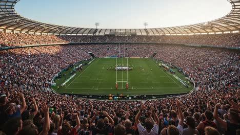 spectacular rugby match at sunset: a thrilling showcase of team spirit and enthusiastic crowd engagement in a packed stadium