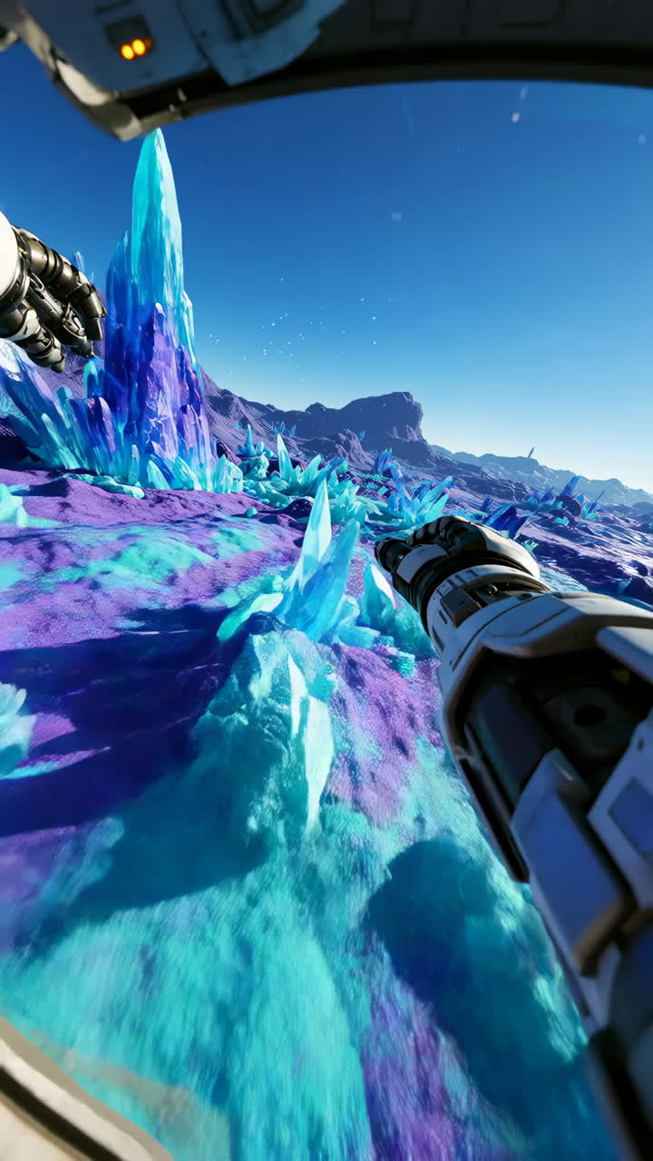 First-Person View of an Alien Crystal Planet from a Spaceship