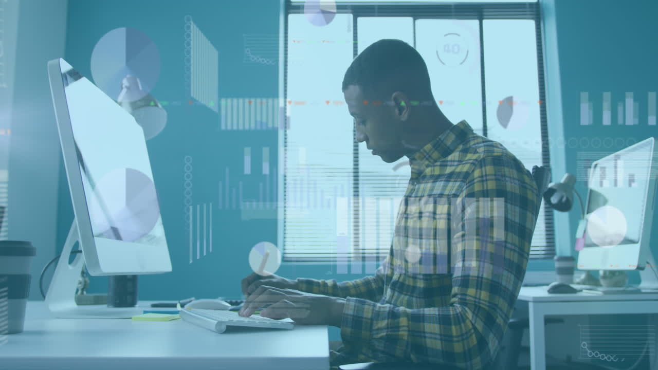 Animation of financial data processing over african american businessman in office