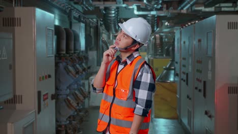 side view of asian male engineer with safety helmet thinking and looking around then raising his index finger while standing in engine control room, work of electrical generators
