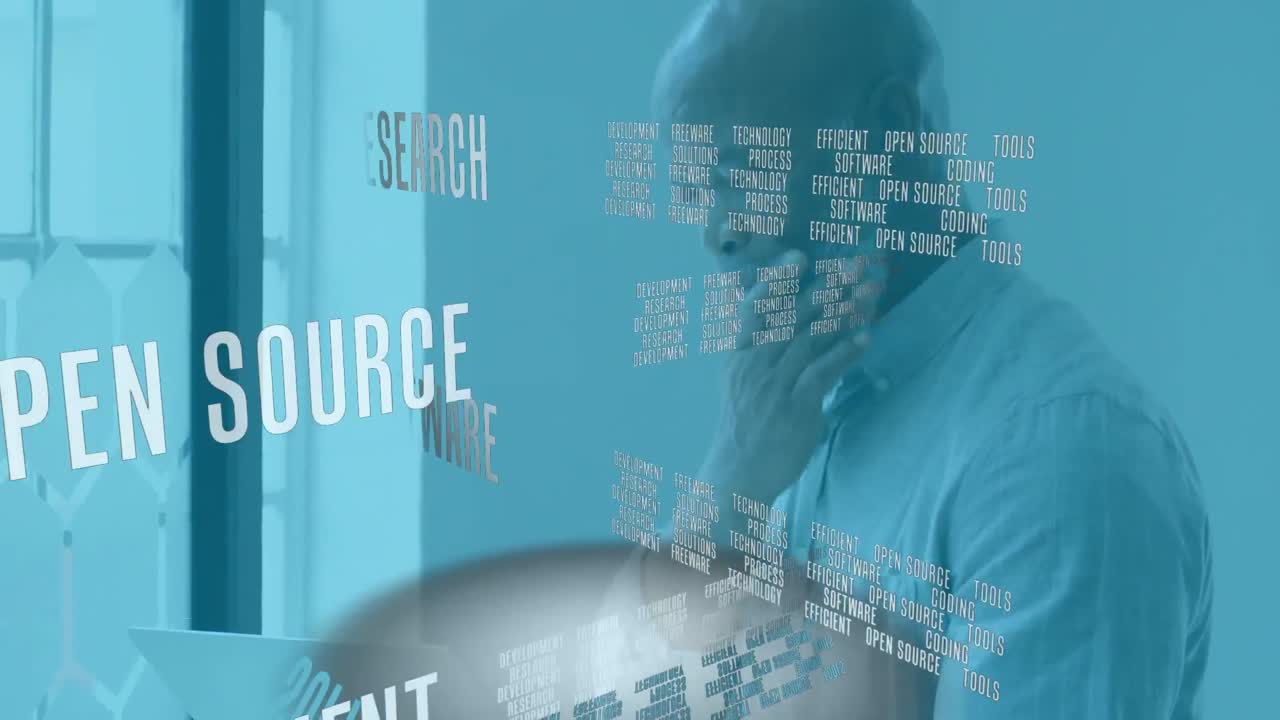 Animation of data processing over businessman using laptop