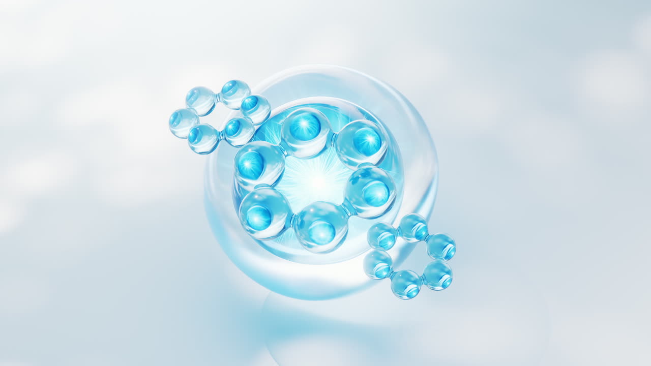 Blue liquid molecule and water bubbles, 3d rendering.