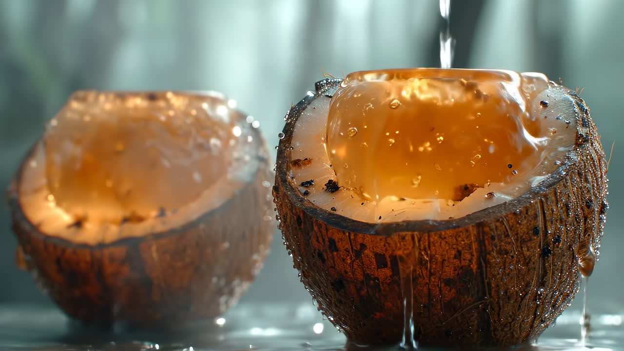Coconut bowl candles glow. Two coconut shell bowls filled with glowing candles sit in a serene setting with water droplets cascading down