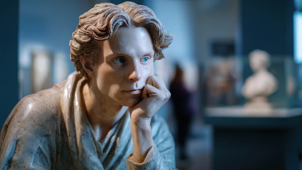 Capolavoro di contemplazione: Uno splendido primo piano di una scultura realistica che esprime un'emozione profonda e dettagli artistici in uno spazio espositivo.