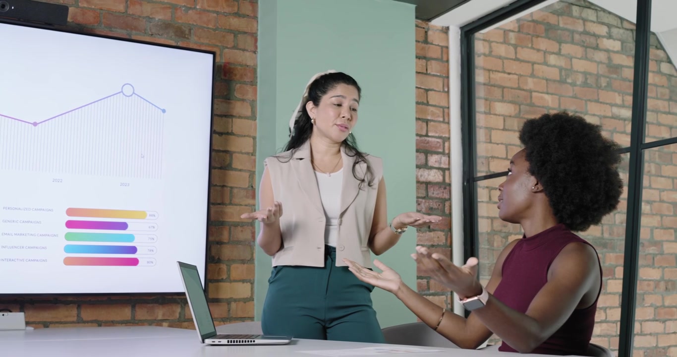 Diverse female coworkers meeting in office, reacting to wall charts and gesturing with open laptop
