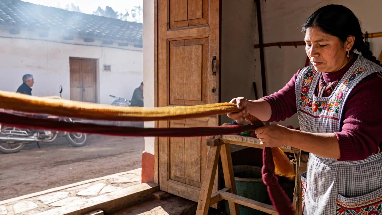 Reagendo a matasse tese, una donna artigiana annoda filato d'oro e rosso alla porta, con un grembiule e spazio per il testo.