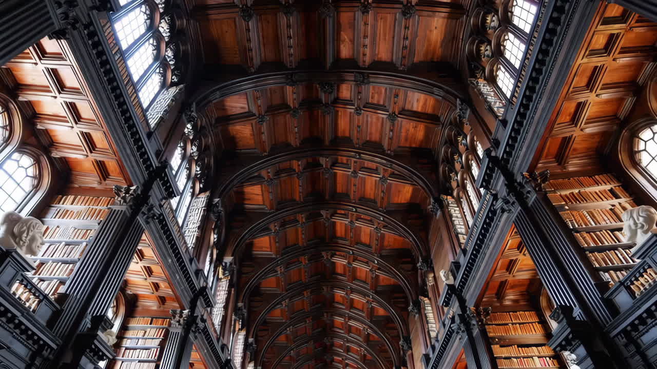 Grand Library with Ornate Wooden Ceiling and Bookshelves