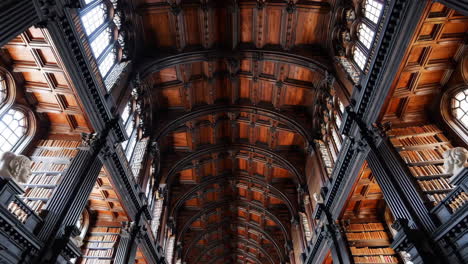 grand library with ornate wooden ceiling and bookshelves