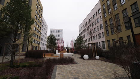 modern apartment buildings with courtyard and green spaces