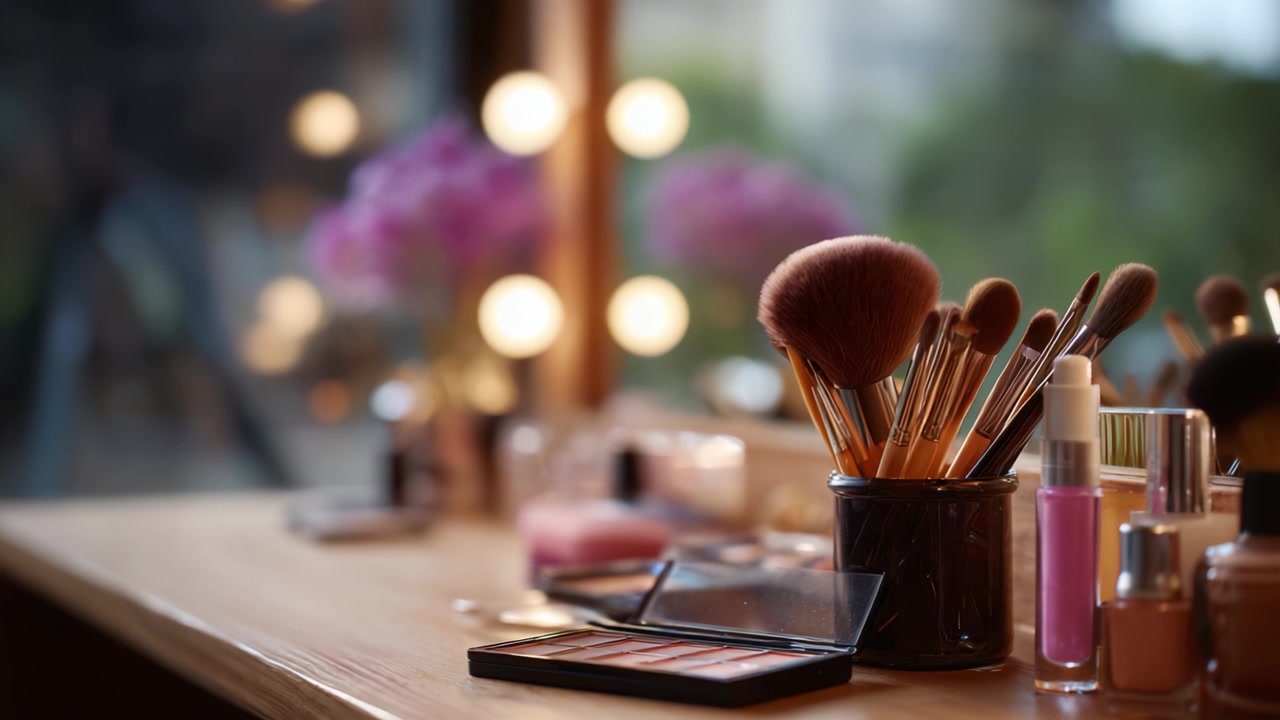 Elegant Makeup Station with Brushes and Cosmetics Showcasing Beauty Essentials in a Softly Lit Setting Surrounded by Glamorous Decor and Reflection