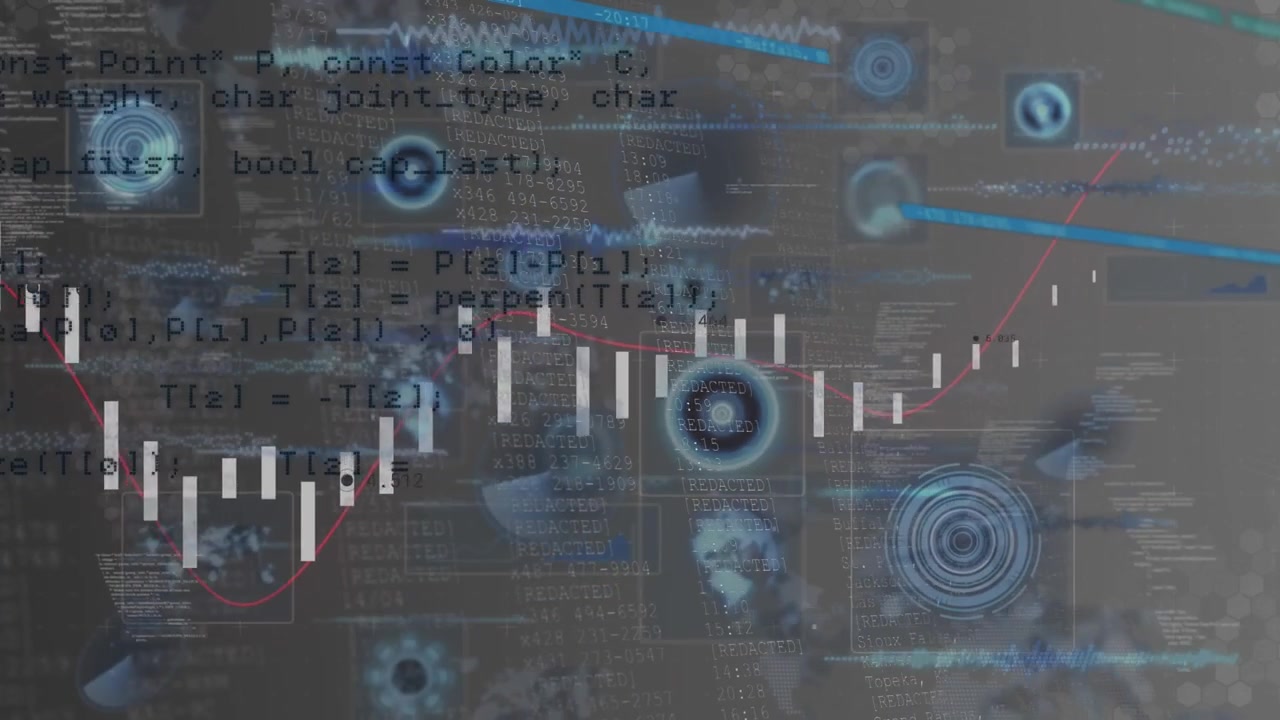 Animation of data processing and scopes scanning over grey background