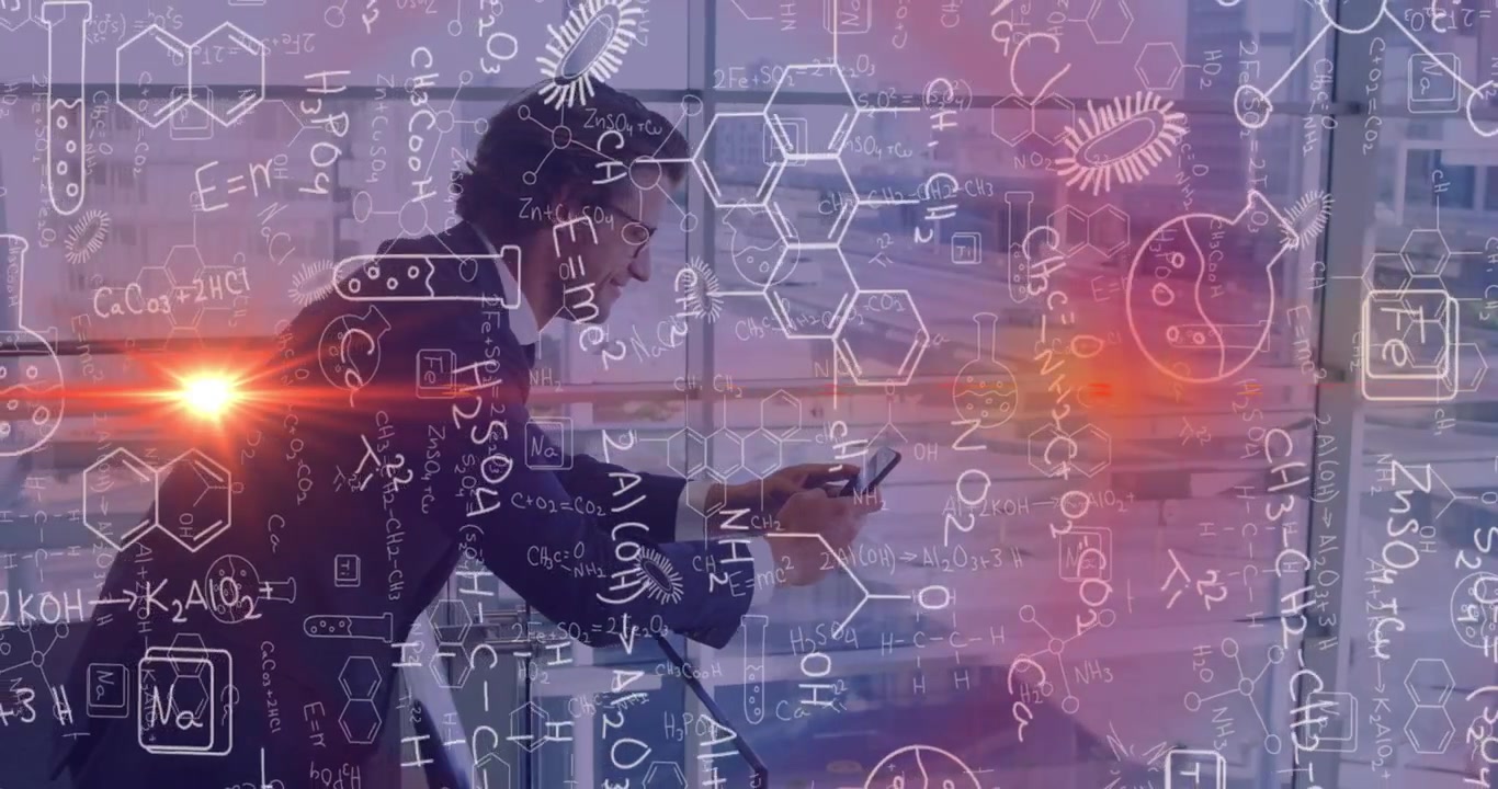 Uomo appoggiato a una ringhiera, che scorre il telefono e avvia un'animazione scientifica in sovrimpressione per la ricerca.