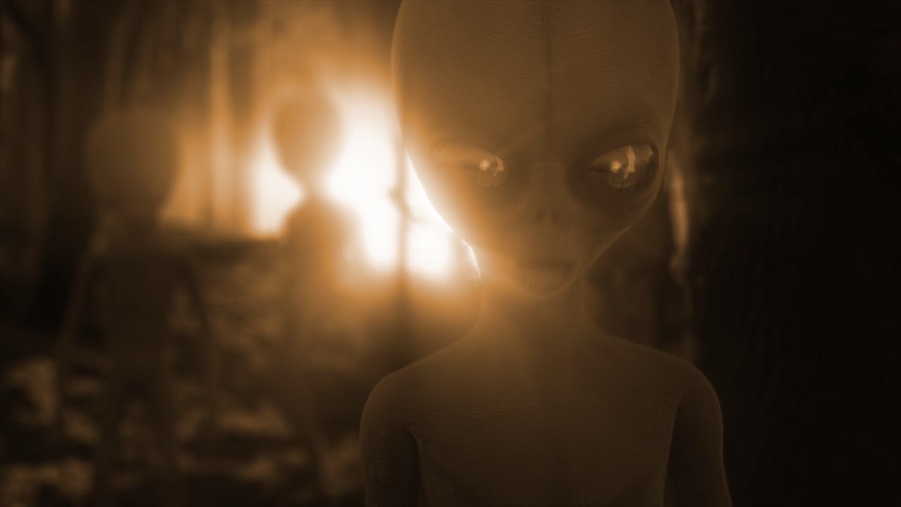 Close-up arrepiante em CGI 3D de alienígenas cinzentos clássicos estilo Roswell, sinistramente silhuetados por uma misteriosa luz laranja ofuscante, no meio de uma floresta escura e assustadora à noite