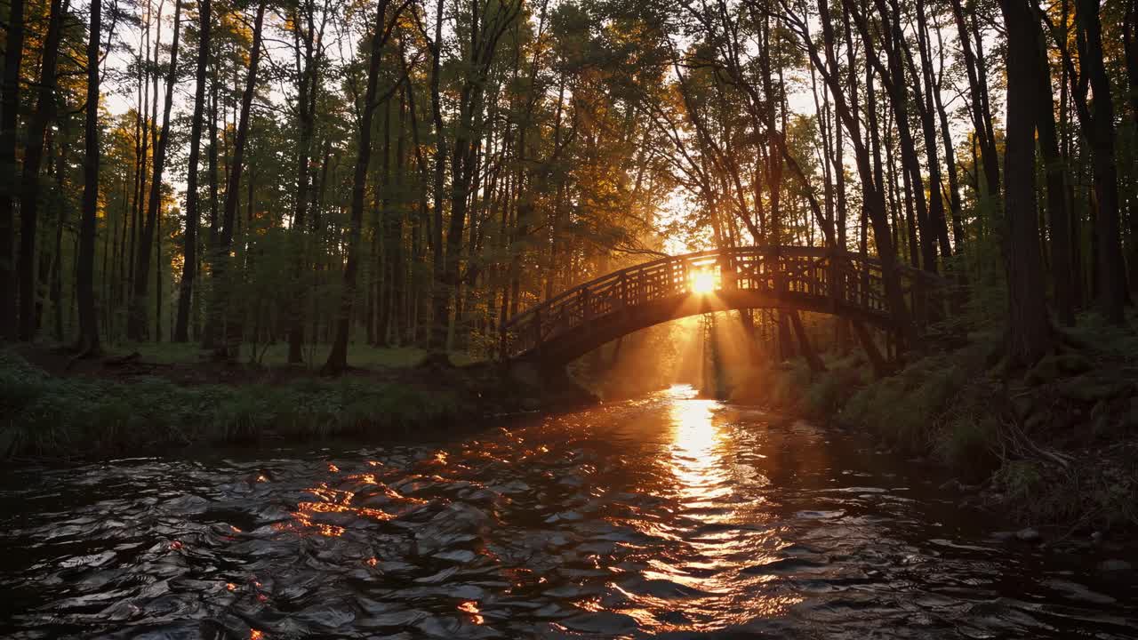A serene forest scene at sunset with a wooden bridge over a river