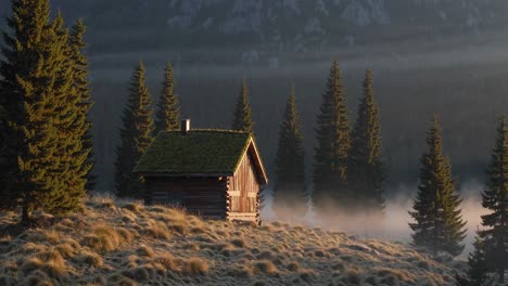 misty mountain cabin at sunrise