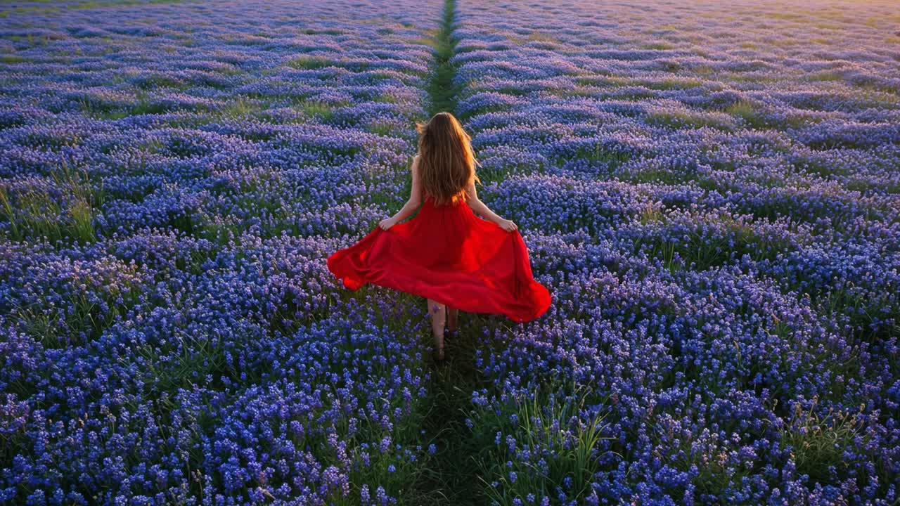 Graceful female model in vibrant red dress wandering through blooming purple wildflower meadow, embodying serene landscape and carefree summer freedom against golden sunset light
