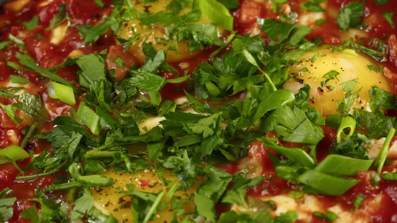 cocina israelí. salpicando perejil en shakshuka de cerca. plato nacional judío hecho de huevos fritos en salsa de tomate, pimientos picantes, cebollas y especias, cultura de oriente medio, chakchouka girando