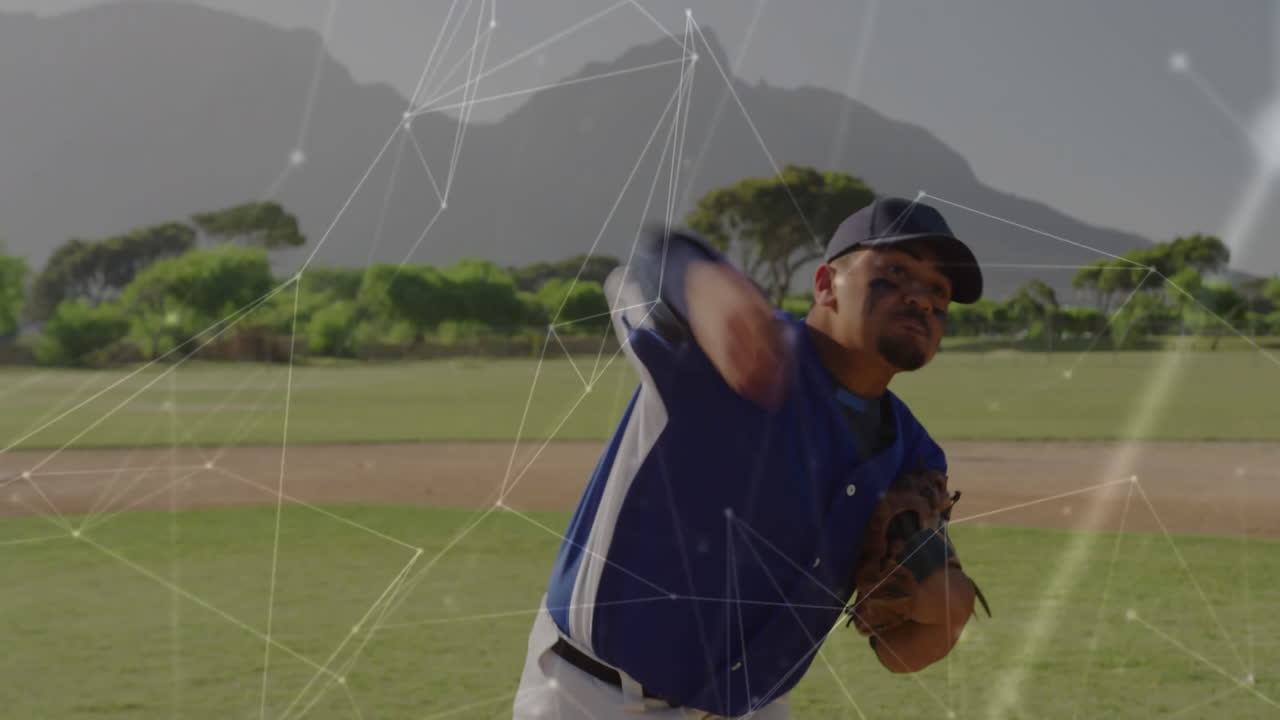Giocatore di baseball che lancia sul campo con animazione di connessioni di rete sulla scena