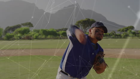 baseball player pitching on field with network connections animation over scene