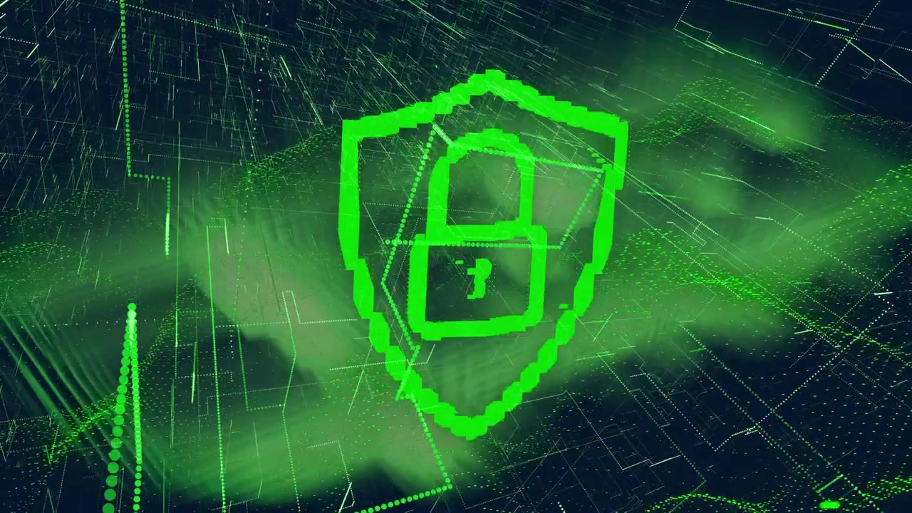 Digital Security Shield Icon with Data Network Background