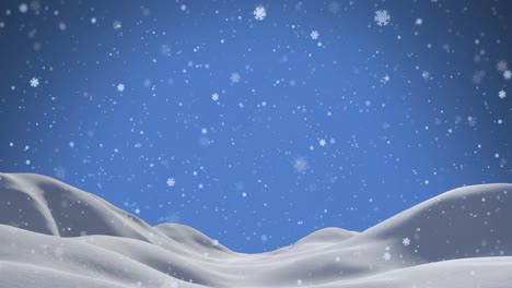 animation of white christmas snowflakes falling over blue sky and winter landscape